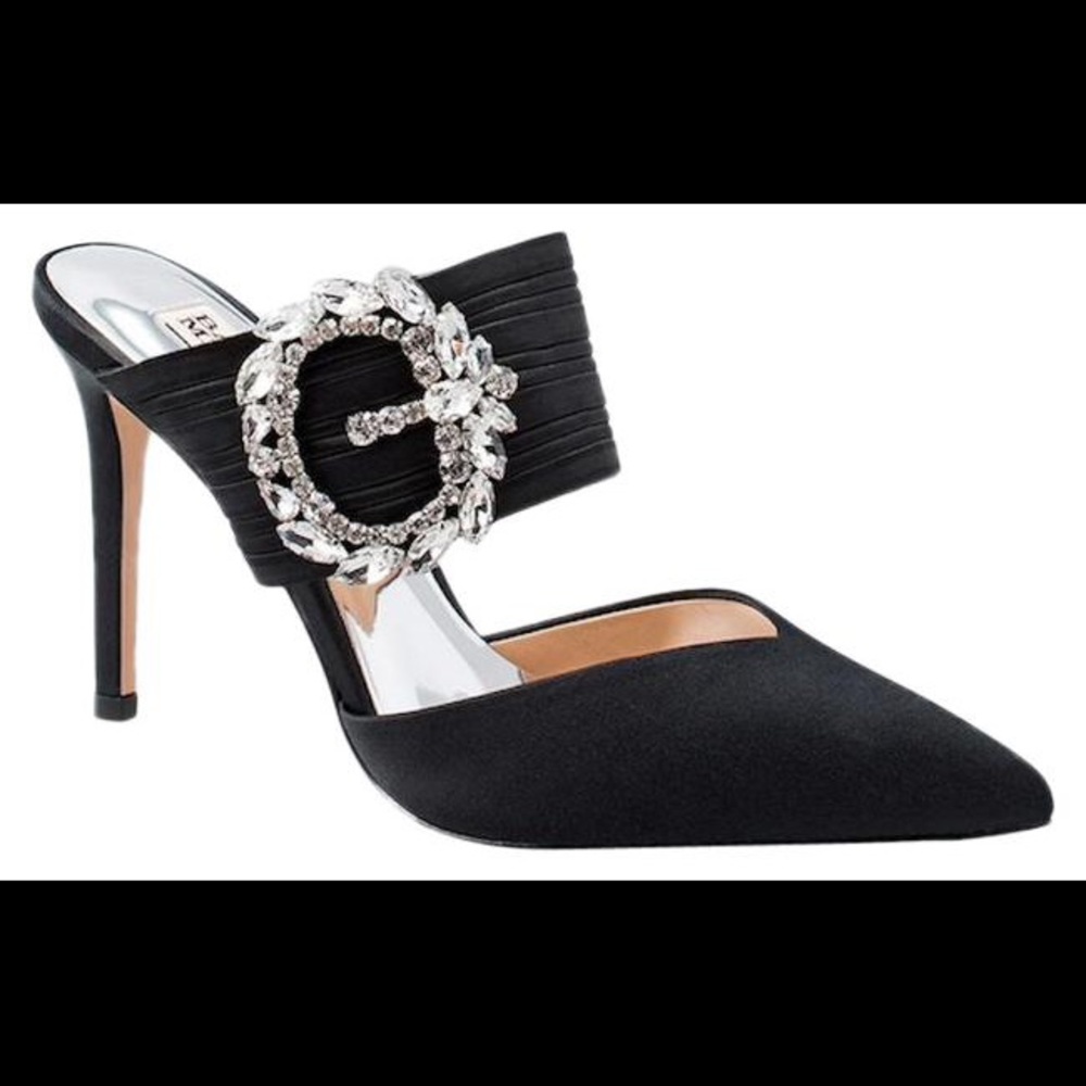 Black satin mule heels with crystal buckle